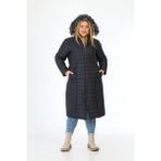 TUTveAL Collection Kadın Hardal Içi Kürklü Mont Uzun Kapitone Mont Kapüşonlu Büyük Beden Mont - Lacivert - Navy Blue - 52