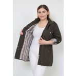 TUTveAL Collection Kadın Suya Dayanıklı Büyük Beden Trençkot Kapüşonlu Ekoseli Haki Trençkot Bonded Kumaş Trençkot