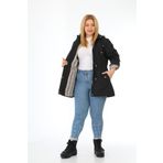 TUTveAL Collection Kadın Suya Dayanıklı Büyük Beden Trençkot Kapüşonlu Ekoseli Siyah Trençkot Bonded Kumaş Trençkot