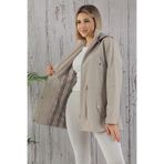 TUTveAL Collection Kadın Suya Dayanıklı Trençkot Kapüşonlu Ekoseli Vizon Trençkot Bonded Kumaş Trençkot