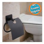 Tuvalet Kağıtlık Yapışkanlı Kapaklı Aparat Wc Kağıt Standı Paslanmaz Metal Sağlam Siyah