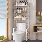 Tuvalet Üstü Saklama Dolabı - Sepet ve Kancalı 3 Katmanlı Ayarlanabilir Banyo Bağlantısız Yer Tasarruflu Raflar Şık Beyaz Banyo Depolama Çözümü