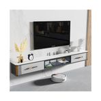 TV Kabini TV Sehpası Geniş Depolama Alanlı TV Altında Yüzen TV Ünitesi, Cam Açılır Kapı ve Kaya Plakalı Masaüstü Modern Lüks Yüzer Medya Konsolu, 4 Renk Oturma Odası Dolabı (Açık Gri, 1