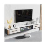 TV Kabini TV Sehpası Geniş Depolama Alanlı TV Altında Yüzen TV Ünitesi, Cam Açılır Kapı ve Kaya Plakalı Masaüstü Modern Lüks Yüzer Medya Konsolu, 4 Renk Oturma Odası Dolabı (Beyaz, 160x25