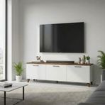 TV Ünitesi, Çam-Beyaz Modern Tasarım, Kitaplık ve Dekoratif Eşya Depolama (CEVİZ Ayak 150 * 30 * 30 CM)