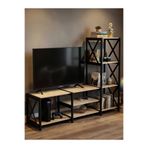 TV Ünitesi Kitaplıklı Raflı Siyah – Çok Amaçlı TV Standı & Kitaplık, Ahşap Raflı Modern Salon Mobilyası (140x38 cm)
