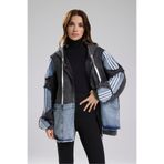 tw3 Kadın Yıkamalı Denim Garnili Kolları Şerit Detaylı Oversize Kapşonlu Tasarım Ceket