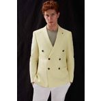 Tween Slim Fit Sarı Keten-pamuk Kruvaze Kumaş Ceket