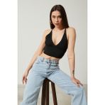 Twenty3 Kadın Super Crop Sırt Detaylı Triko Büstiyer Bluz (Siyah, L/XL)