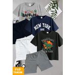 twins tailors Basketball Dİnazor ve Brooklyn Baskılı 3 Adet Yazlık T-Shirt-Şort Çocuk Takım
