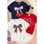 twins tailors Kurdale Ve Kalp Baskılı 3'lü Paket Lacivert-Kırmızı-Beyaz Kız Çocuk T-shirt