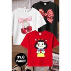 twins tailors Kurdale Ve Kiraz Baskılı 3'lü Paket Siyah-Beyaz-Kırmızı Kız Çocuk T-Shirt