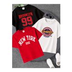 twins tailors Newyork Brooklyn Baskılı 3'lü Paket Unisex Siyah-Beyaz-Kırmızı Çocuk T-Shirt