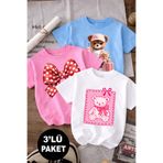 twins tailors Teddy Bear Ve Kırmızı Kurdale Baskılı 3'lü Paket Beyaz-Mavi-Pembe Kız Çocuk T-shirt