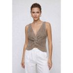 Twist Knot Detaylı Premium Kadın Triko Bluz – V Yaka Örgü Dokulu Şık Crop Tasarım - S/M - Bej