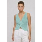 Twist Knot Detaylı Premium Kadın Triko Bluz – V Yaka Örgü Dokulu Şık Crop Tasarım - S/M - Turkuaz
