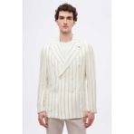 Twn Slim Fit Ekru Armürlü %100 Keten Kruvaze Kumaş Ceket 4EC04TL134882 - 6 Drop