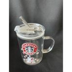 Twotwo Starbucks Temalı Kulplu Termos Cam Pipetli Şeffaf Cam Kupa - Bardak - Cup - Kahverengi
