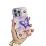 Tybiky iPhone 13 Pro cep telefonu kılıfı parlak suni elmas kamera kılıfı renkli retro yağlı boya tablo koruyucu kılıf baskılı kelebek çiçekler kızlar kadınlar için kılıf yumuşak TPU kapak, mor kelebek