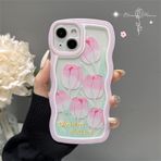 Tybiky iPhone 14 Plus ile uyumlu, sevimli kıvırcık dalgalı çerçeve şekli, darbeye dayanıklı cep telefonu kılıfı, çiçekli hayvan baskısı, çizilme önleyici koruyucu kılıf TPU tampon kılıf, pembe lale