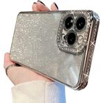 Tybiky iPhone 14 Pro için cep telefonu kılıfı silikon Bling kaplama parlak suni elmas parlak tampon ve kamera objektifi tasarımı cep telefonu kılıfı parlak koruyucu kılıf iPhone 14 Pro için. Gümüş