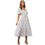 Tyogeephy Kadın Yaz Kısa Kollu Puantiyeli Vintage Şık Elbise Boho Maksi Plaj Parti Elbisesi, beyaz, XL
