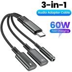 Type-C 3 in 1 ses adaptör kablosu 60W hızlı şarj tipi C erkek çift tip C 3.5MM kadın dönüştürücü kablosu kulaklık jakı Dongle kablosu (Type-C 3 in 1)