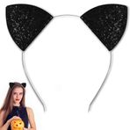 U-Goforst Siyah kedi kulakları kafa bandı yetişkin, Glitter siyah kedi kostüm kadınlar kızlar için, cadılar bayramı kulakları süslü elbise Cosplay aksesuarları, Siyah, One Size Fits Most