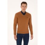 U.S. Polo Assn. Erkek Slim Fit V Yaka Camel Basic Triko Kazak 50313662-VR233 - Bisküvi - XL