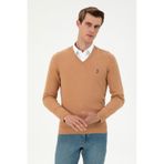 U.S. Polo Assn. Erkek Slim Fit V Yaka Camel Melanj Basic Kazak 50288885-vr122