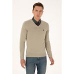 U.S. Polo Assn. Erkek Slim Fit V Yaka Haki Melanj Basic Triko Kazak 50313662-VR193 - Açık Haki Melanj - 2XL