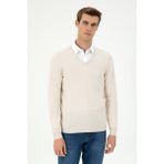 U.S. Polo Assn. Erkek Slim Fit V Yaka Krem Melanj Basic Kazak 50294764-VR159 - XL