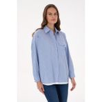 U.S. Polo Assn. Kadın Saks Çizgili Uzun Kollu Gömlek 50316369-VR032 - Koyu Mavi - 34