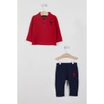 U.S. Polo Assn. Lisanslı Yaka Düğmeli Kırmızı Erkek Bebek Uzun Kol SweaT-shirt Takım - 3 - 4 Yaş