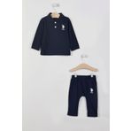 U.S. Polo Assn. Lisanslı Yaka Düğmeli Lacivert Erkek Bebek Uzun Kol Sweatshirt Takım
