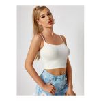 U Yaka Beyaz Renk Desensiz Askılı Omzu Açık Fitilli Likralı Fit Crop Top Bluz
