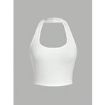 U Yaka Boyundan Askılı Beyaz Renk Omzu Sırtı Açık Kolsuz Likralı Fit Crop Top Bluz (Beyaz, M)