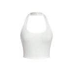U Yaka Boyundan Askılı Beyaz Renk Omzu Sırtı Açık Kolsuz Likralı Fit Crop Top Bluz (Beyaz, S)