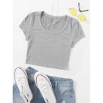 U Yaka Gri Renk Fitilli Kısa Kollu Regular Crop Top Bluz