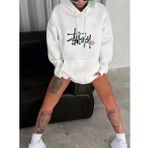 Üç İplik Kapşonlu Baskılı SweatShirt - Beyaz