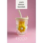 Ucco 500ML Papatya Desenli Pipetli Cam Detox Termos Matara Bardak - Süt, Su, Meşrubat, Limonata Bardağı - Sarı