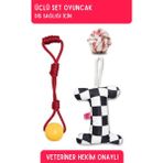 Üçlü Set Köpek Oyuncağı Plastik Eğitim Topu Çekiştirmeli Ip Oyuncak Köpek Toplu Eğitim Ipi - Kırmızı