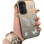 Ucuc Samsung Galaxy A16 Uyumlu Akrilik Sert Arka Telefon Kılıfı Yan Silikon Darbe Önleyici Lens Korumalı Sevgili Kelebek Desenli Kapak - Siyah