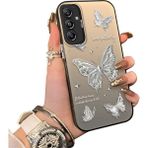 Ucuc Samsung Galaxy A24 Uyumlu Akrilik Sert Arka Telefon Kılıfı Yan Silikon Darbe Önleyici Lens Korumalı Sevgili Kelebek Desenli Kapak - Siyah
