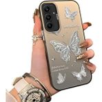 Ucuc Samsung Galaxy A25 Uyumlu Akrilik Sert Arka Telefon Kılıfı Yan Silikon Darbe Önleyici Lens Korumalı Sevgili Kelebek Desenli Kapak - Siyah
