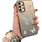 Ucuc Samsung Galaxy A33 5g Uyumlu Akrilik Sert Arka Telefon Kılıfı Yan Silikon Darbe Önleyici Lens Korumalı Sevgili Kelebek Desenli Kapak - Siyah