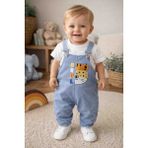 Uçurtma Baby Kids Babybuu Kaplan Nakışlı Kot Erkek Bebek Bayramlık Yazlık Salopet - 102-Beyaz - 9-12M