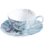 Ufengke FKT0283 240 ml mavi ince kemik çinili kahve fincanı ve tabağı, renkli çiçekler, beyaz turna porselen çay fincanı ve tabağı
