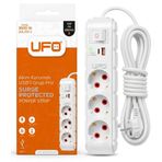 UFO Yeni 3lü Akım Korumalı Grup Priz 5 Metre Bakır Kablolu, 5V 2,4A USB ve Type-C ile Şarj, Anahtarlı Topraklı Priz, Sürekli Koruma, 16A 250V, Max 3500W Aşırı Yük Koruması, 5m. Beyaz renk