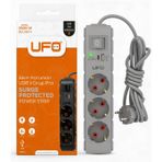 UFO Yeni 3lü Akım Korumalı Grup Priz 5 Metre Bakır Kablolu, 5V 2,4A USB ve Type-C ile Şarj, Anahtarlı Topraklı Priz, Sürekli Koruma, 16A 250V, Max 3500W Aşırı Yük Koruması, 5m. Gri renk